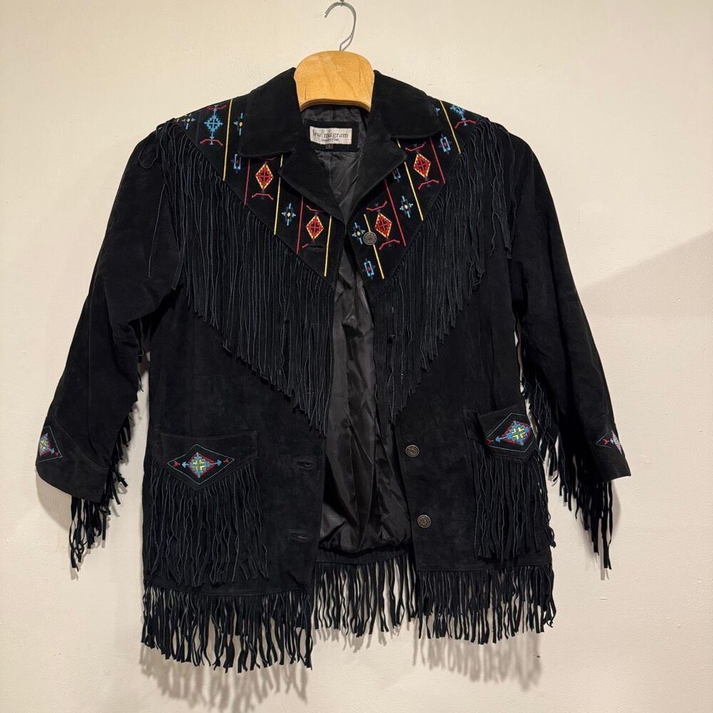 Vintage Womens Leather Western Fringe Embroidered Jacket Lew Morgan Rodeo Size L - Picture 1 of 10